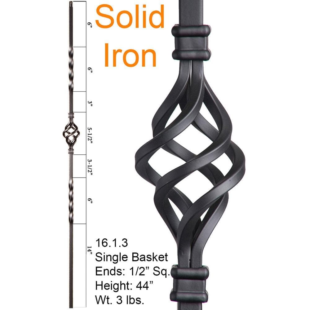 HOUSE OF FORGINGS Twist and Basket 44 in. x 0.5 in. Satin Black Single Basket Solid Wrought Iron Baluster (2)