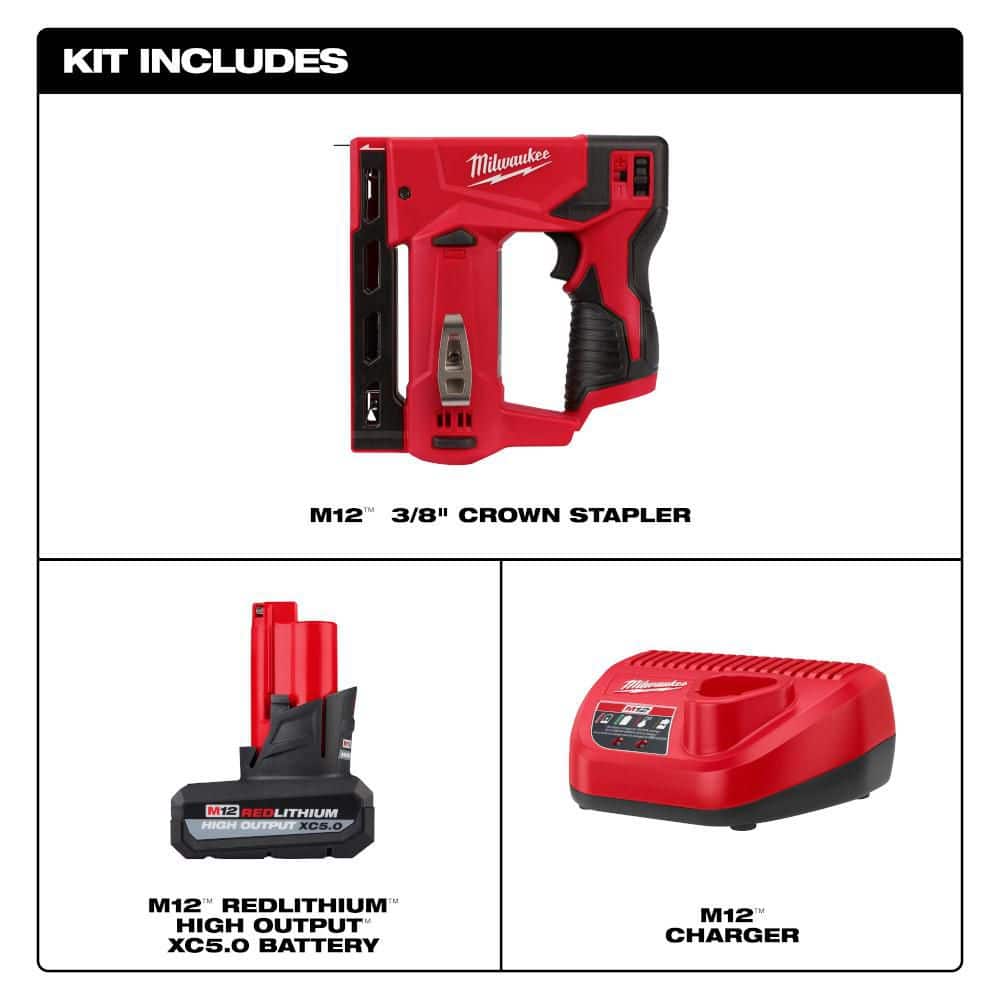 Milwaukee M12 12-Volt Lithium-Ion Cordless 3/8 in. Crown Stapler with HIGH OUTPUT XC5. 0 Starter Kit (2)
