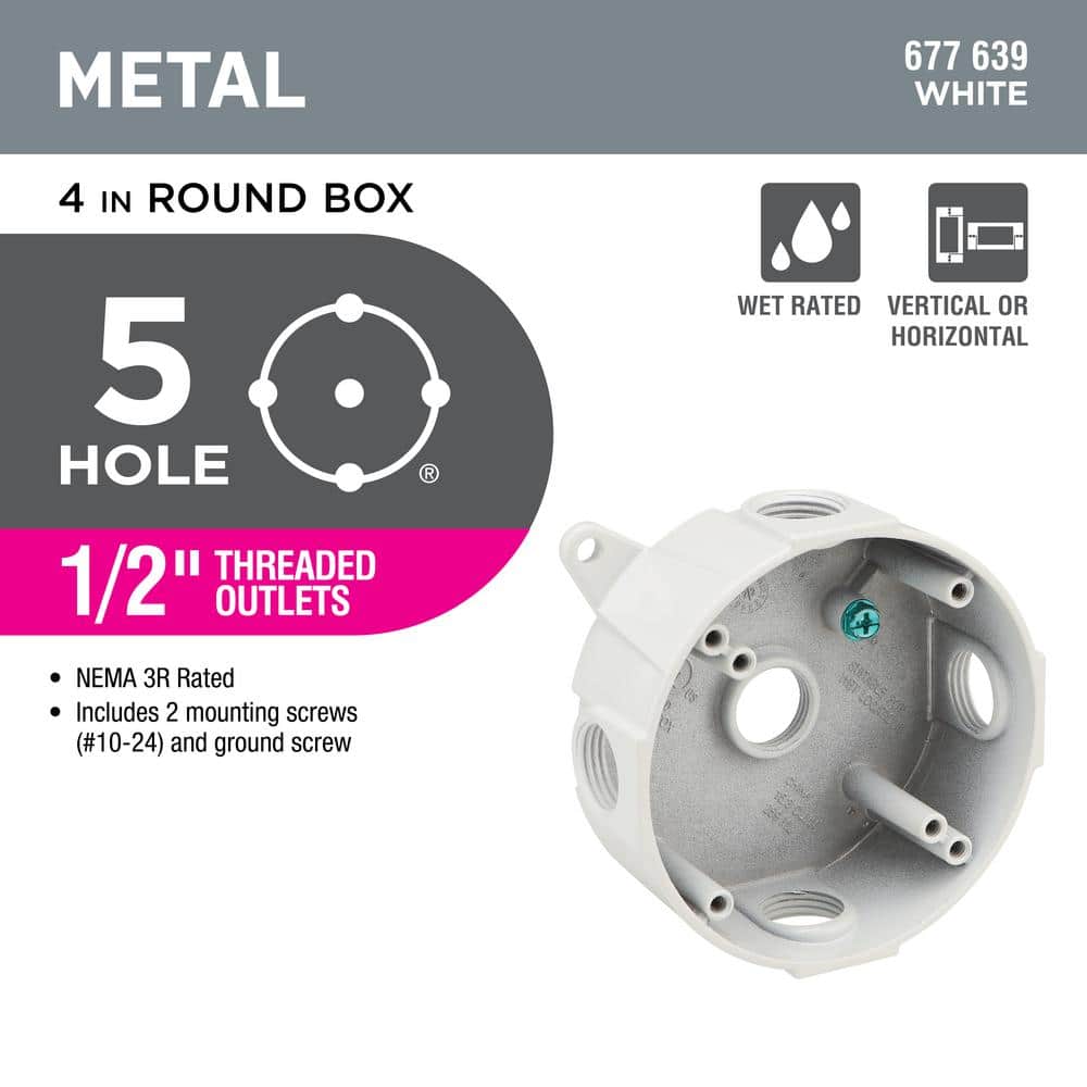Commercial Electric 4 in. Round Metallic Weatherproof Outlet Box with (5) 1/2 in. Holes, White (2)