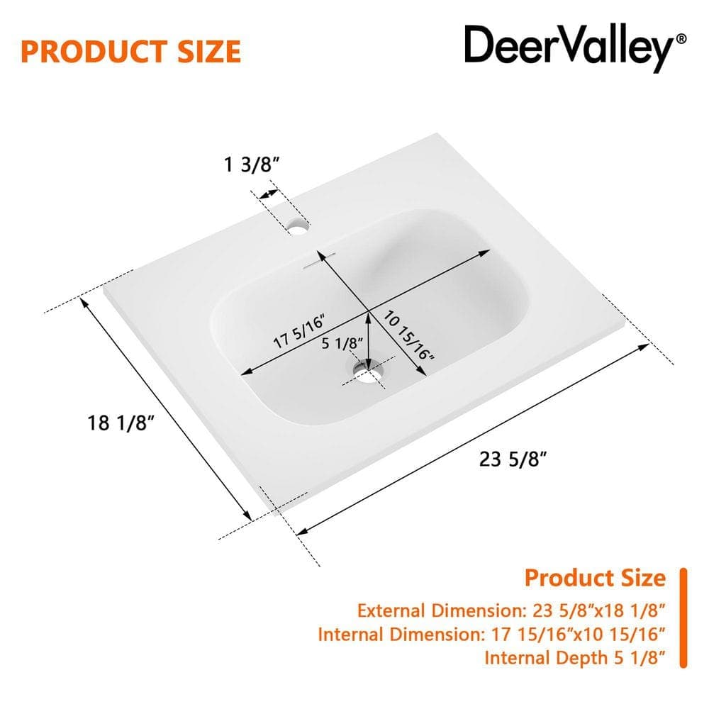 DEERVALLEY Sleek 24 in. x 18 in. Drop-In Bathroom Sink In White Acrylic with Overflow and Single Faucet Hole (3)