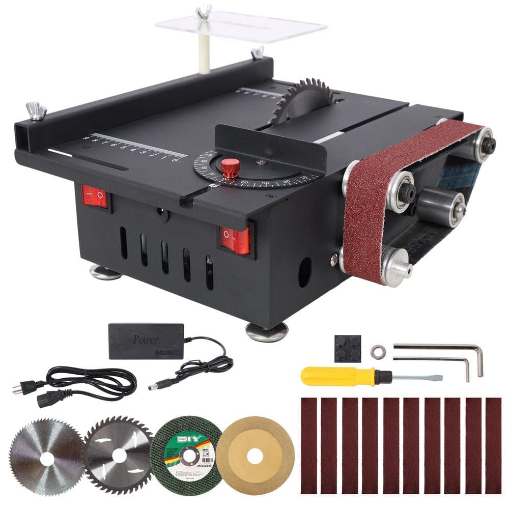 maocao hoom Mini Table Saw,Belt Sander,4 pcs Blades,10 pcs Sanding Belt,7 Gear Adjustable 0-90° Angle,for Wood/PCB/Acrylic/Plastic (1)