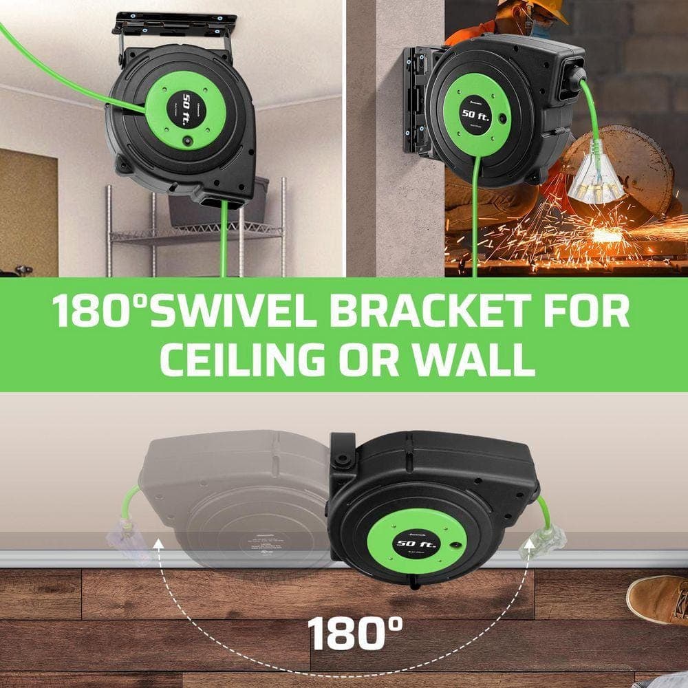 DEWENWILS 50 ft. 14/3 SJTOW 13 Amp Retractable Extension Cord Reel with Lighted Triple Tap Grounded Outlets, Green (2)