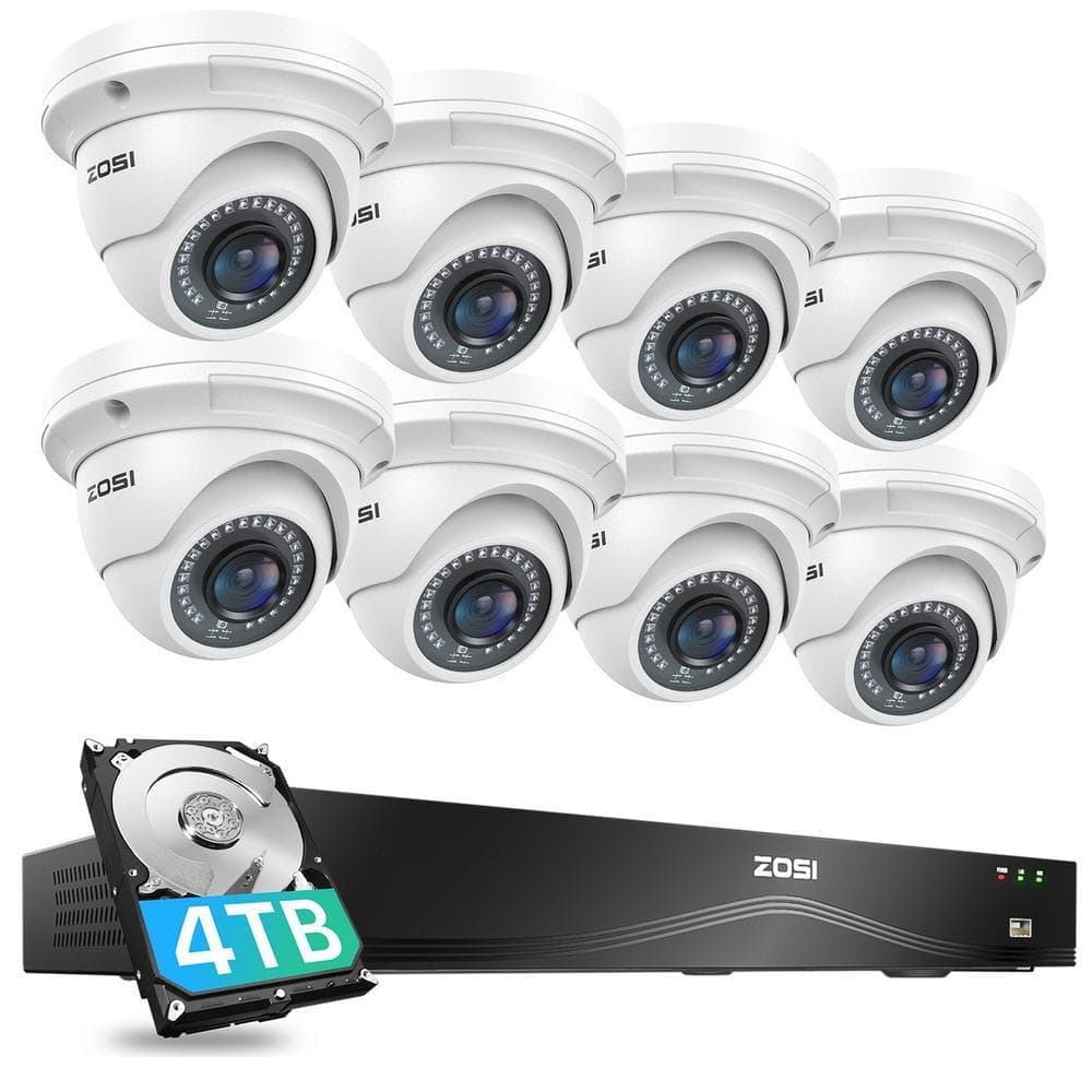 ZOSI 4K 16-Channel POE NVR Home Security Camera System with 4TB HDD and 8 Wired 5MP Outdoor Dome Cameras, Dual-Disk Backup