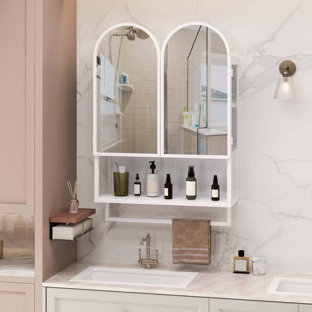 XUJMK 24 in. W x 8 in. D x 33 in. H Bathroom Storage Wall Cabinet, Double-Arched Mirror Cabinet in White with Towel Rack (3)