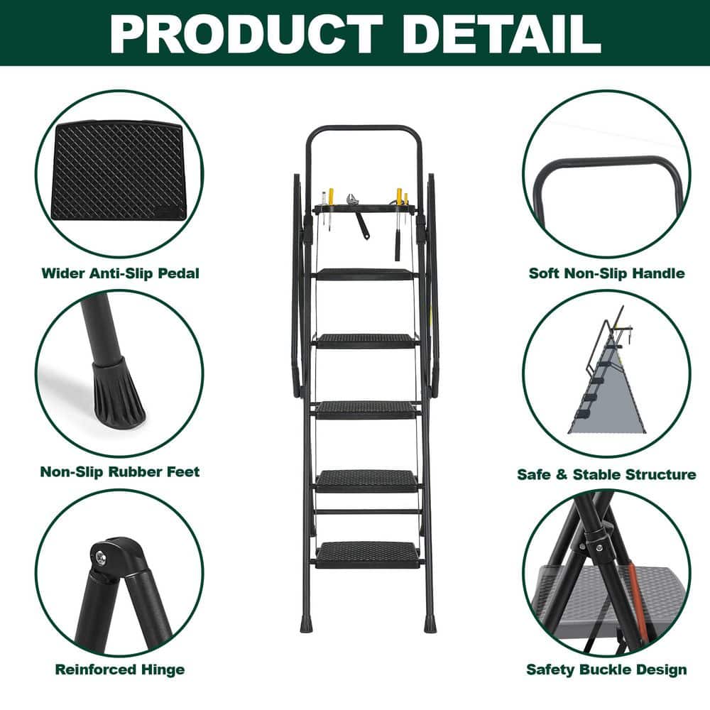 Tatayosi 5-Step Compact Metal Step Stool Ladder with Tool Tray, 550 lbs. Load Capacity, Black (11 ft. Reach Height) (2)