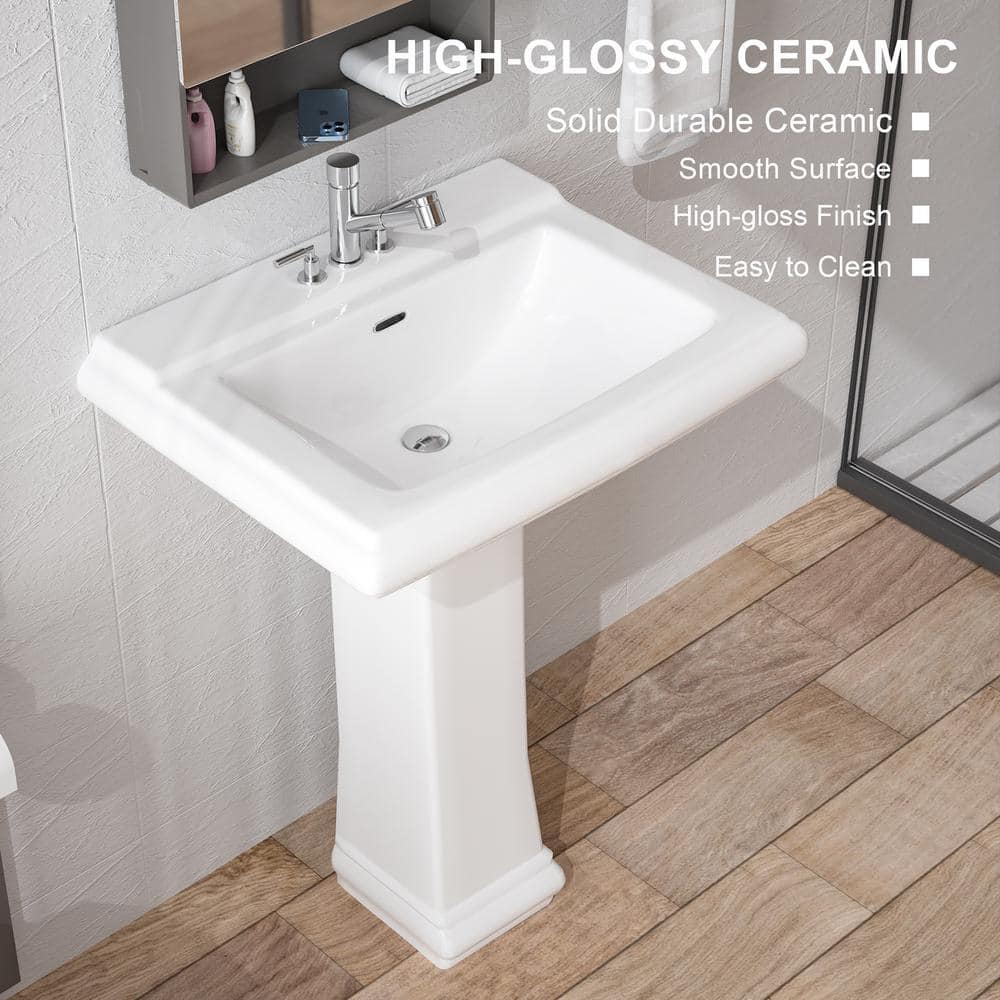 HOMLYLINK Pedestal Sink White Vitreous China Rectangular Pedestal Bathroom Sink with Overflow 3 Faucet Holes Combo Sink (3)