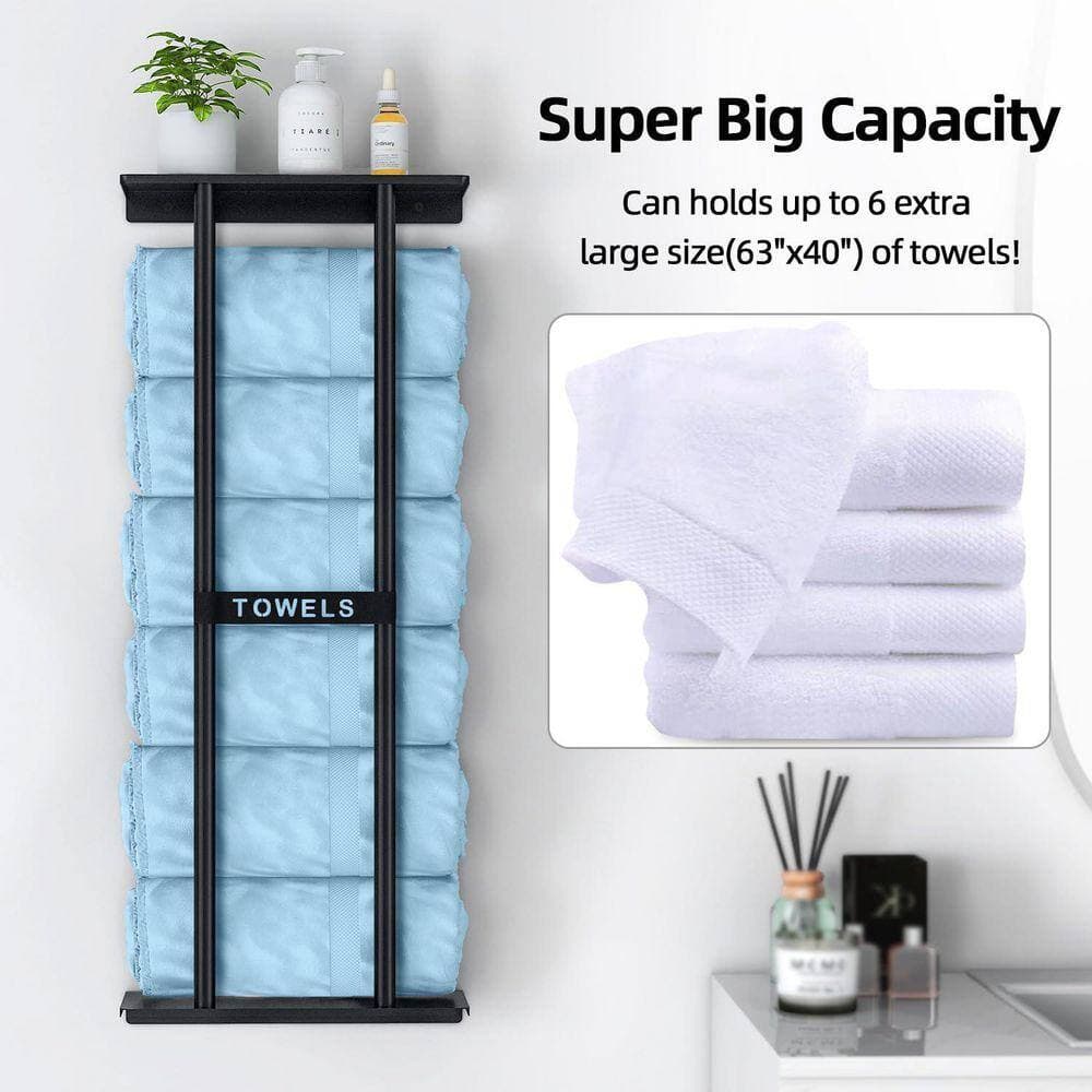 JFVKAF 30 in. Modern Wall Mounted Towel Rack for 6-Large Rolled Towels with Shelf, Super Big Capacity Towel Storage in Black (3)
