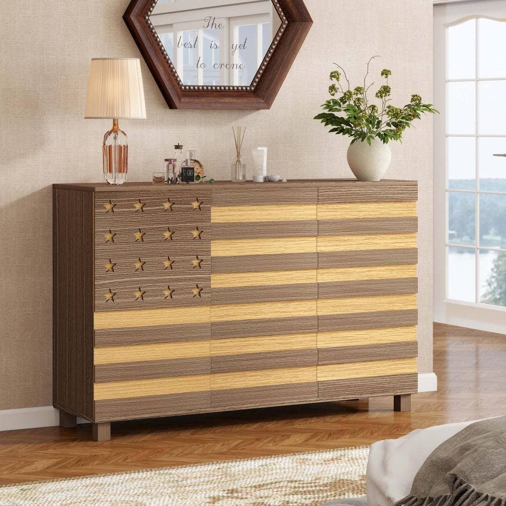 XUJMK 55 in W x 16 in D x 35 in H Linen Cabinet, Sideboard Cabinet with 2 Drawers, 3 Doors, Adjustable Shelves, Brown+Yellow (2)