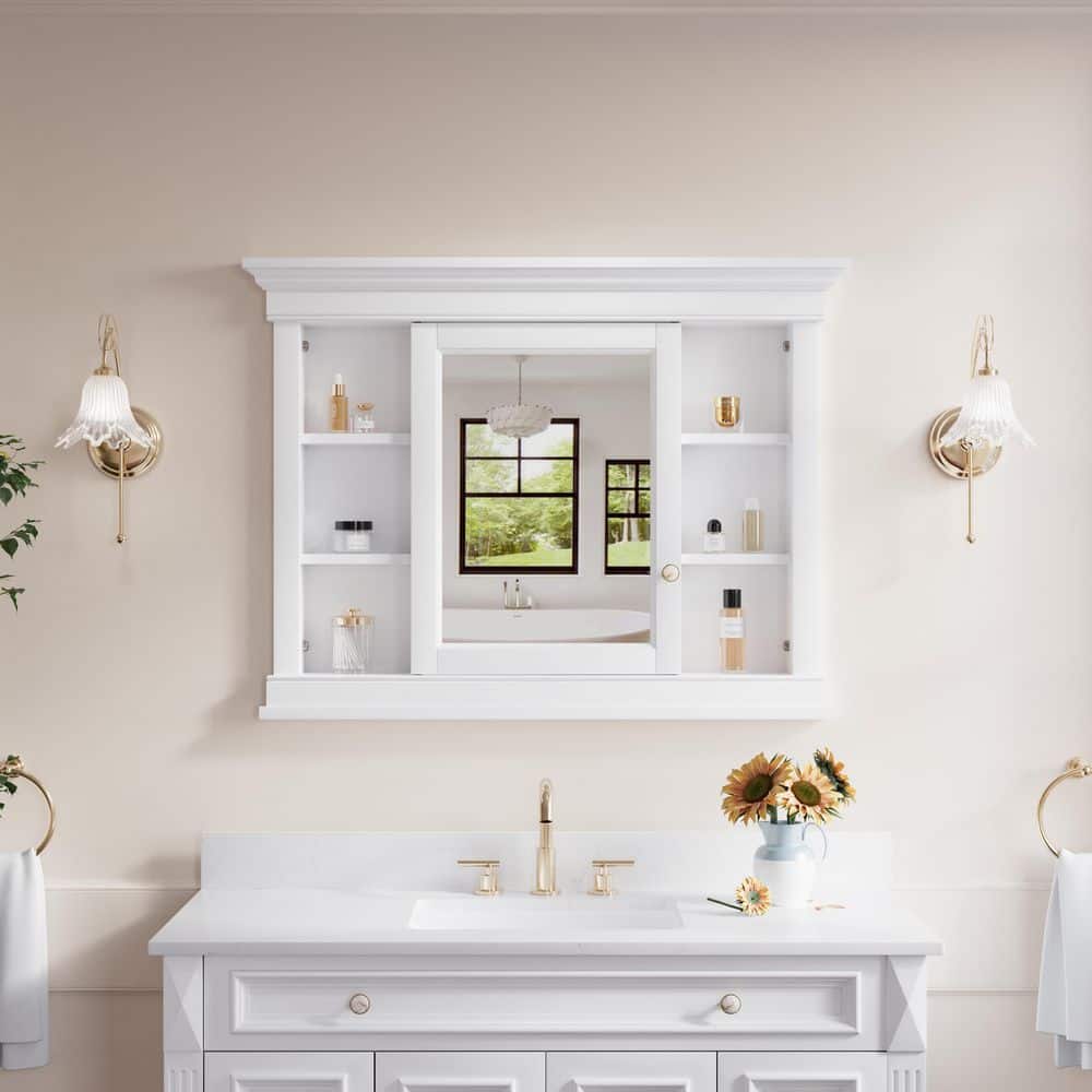 ANGELES HOME 42 in. W x 32 in. H Rectangular Recessed Medicine Cabinet with Mirror, Adjustable Shelf, Natural Wood, White (1)