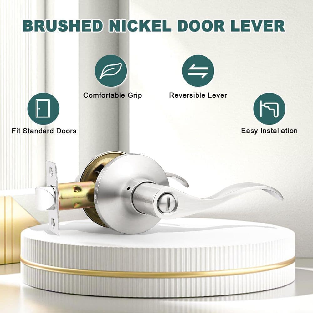 Wudkey 5-Piece Interior Bathroom Privacy Door Levers Included Door Handle in Brushed Nickel, Fit Standard-sized Doors (2)