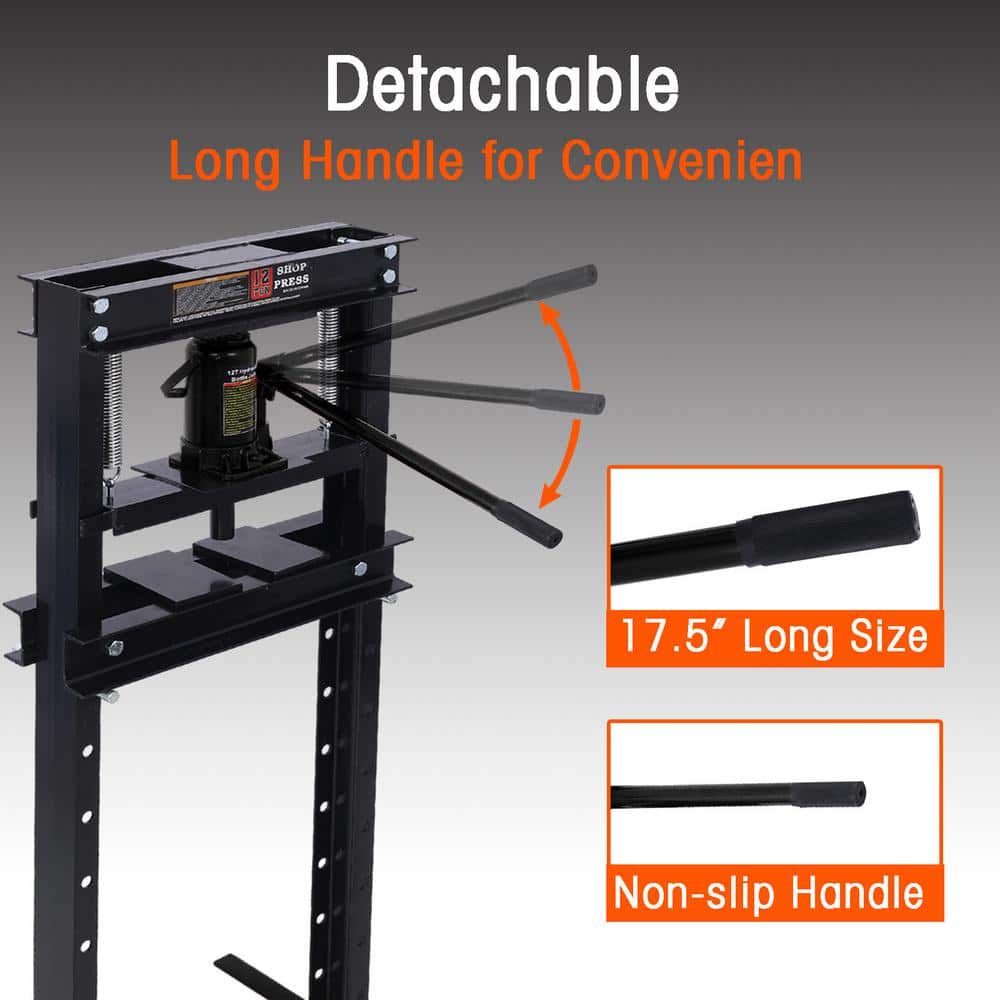 Amucolo 12-Ton Capacity Black Adjustable Working Table Height Hydraulic Shop Press with Press Plates, H-Frame Garage Floor Press (3)