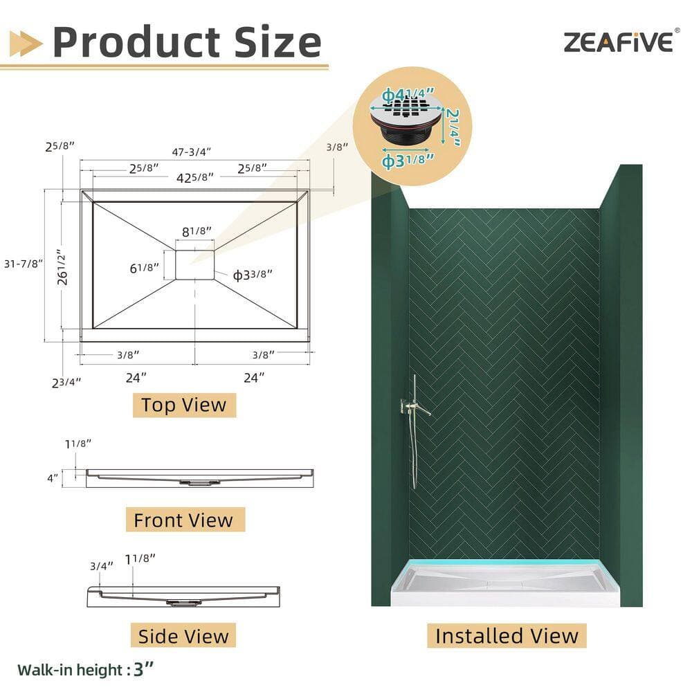Zeafive Moca 48 in. L x32 in. W Alcove Single Threshold Acrylic Shower Pan Base with Drain and Cover Shower Tray (2)