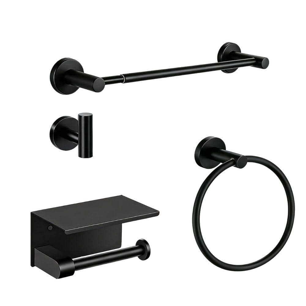 JFVKAF 5-Piece Bathroom Hardware Set with Adjustable Towel Bar, Toilet Paper Holder, Hooks in Matte Black Finish (1)