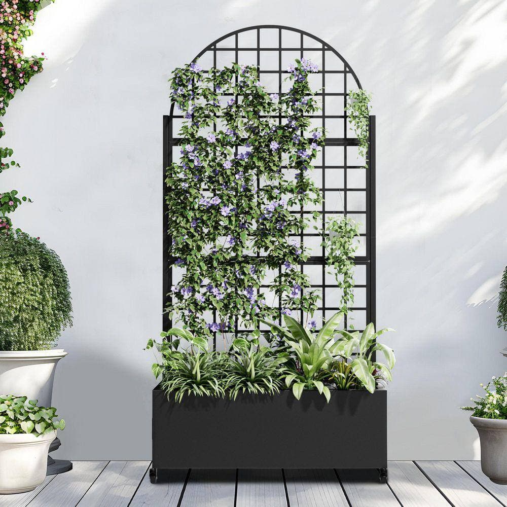 Lirago 72 in. H x 35 in. W Arch Black Outdoor Metal Privacy Screen Planter Box Wall Decor in Square Pattern (3)