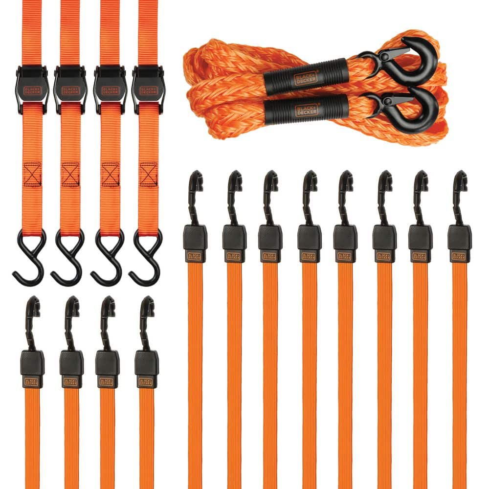 Unbranded Black+Decker Tie Down Kit with Tow Rope, Cam‑Buckle Straps, and Flat Bungee Straps, 17‑Piece