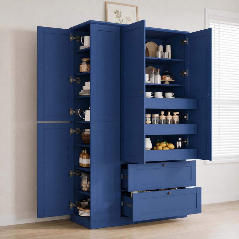 COWLOWN 44.4 in. W x 17.4 in. D x 73.6 in. H Blue Linen Cabinet with 2 Drawers, 3 Pull-Out Trays, 6 Doors, Side Cabinets (2)