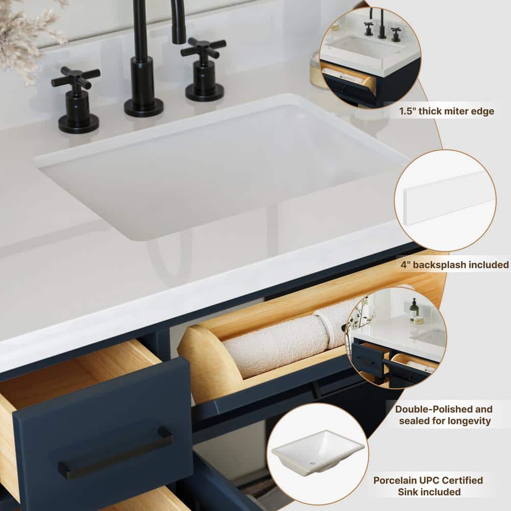ARIEL 43 in. W 22 in. D Bathroom Vanity Top with 1.5 in. Thick Miter Edge Rectangular Single Sink White (2)