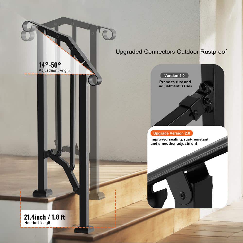 VEVOR Handrails for Outdoor Steps 1-2 Step Stair Hand Rail Kit Transitional Carbon Steel Railings 37.99 in. H x 3.31 in. W (3)