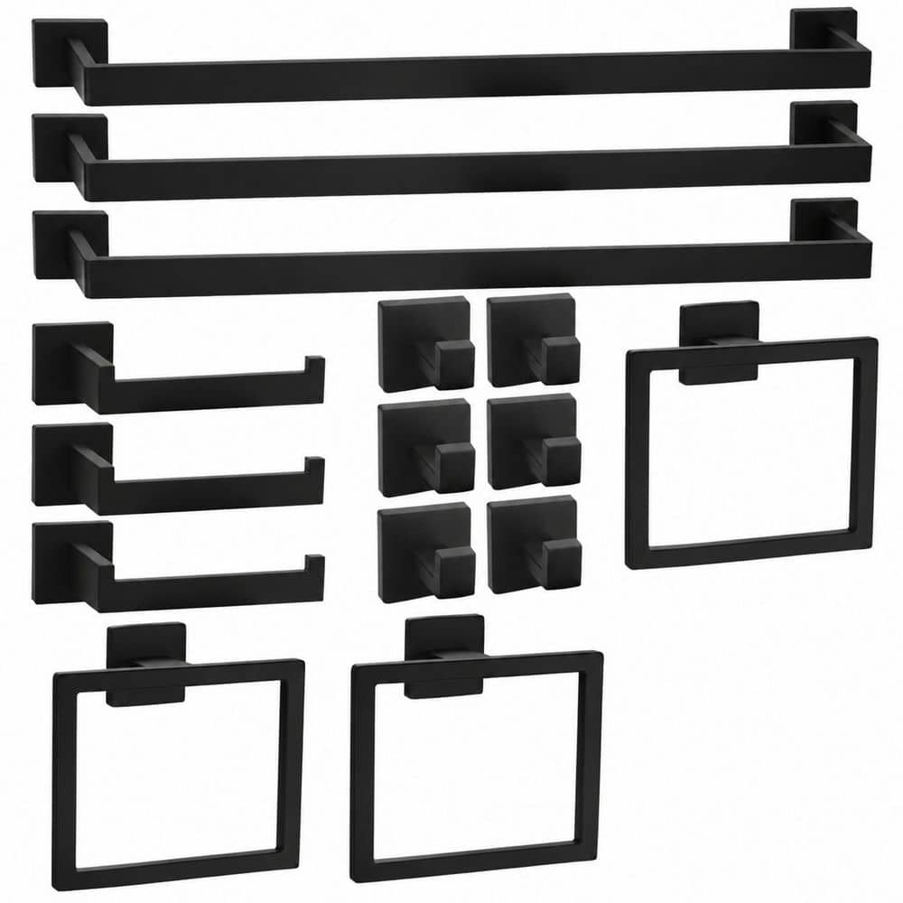 KHKFY 15-Piece Matte Black Bathroom Hardware Set, 23.6 Inch Stainless Steel Towel Bars, Toilet Paper Holders, Rings, Hooks (1)