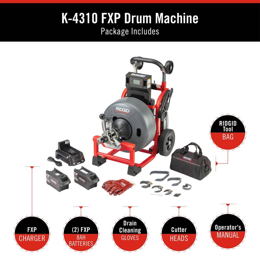 RIDGID K-4310 FXP 5/8 in. Drain Cleaning Drum Machine, Includes 8-Piece Tool Set, Bag, Gloves, 2 FXP Battery-8.0 Ah and Charge (3)