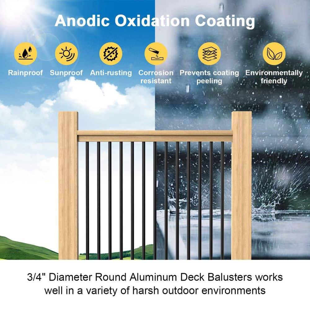NVNOO 3/4 in. x 36 in. Round Aluminum Deck Baluster with Screws Conector for Railing Fencing, Black (30-Pack) (2)