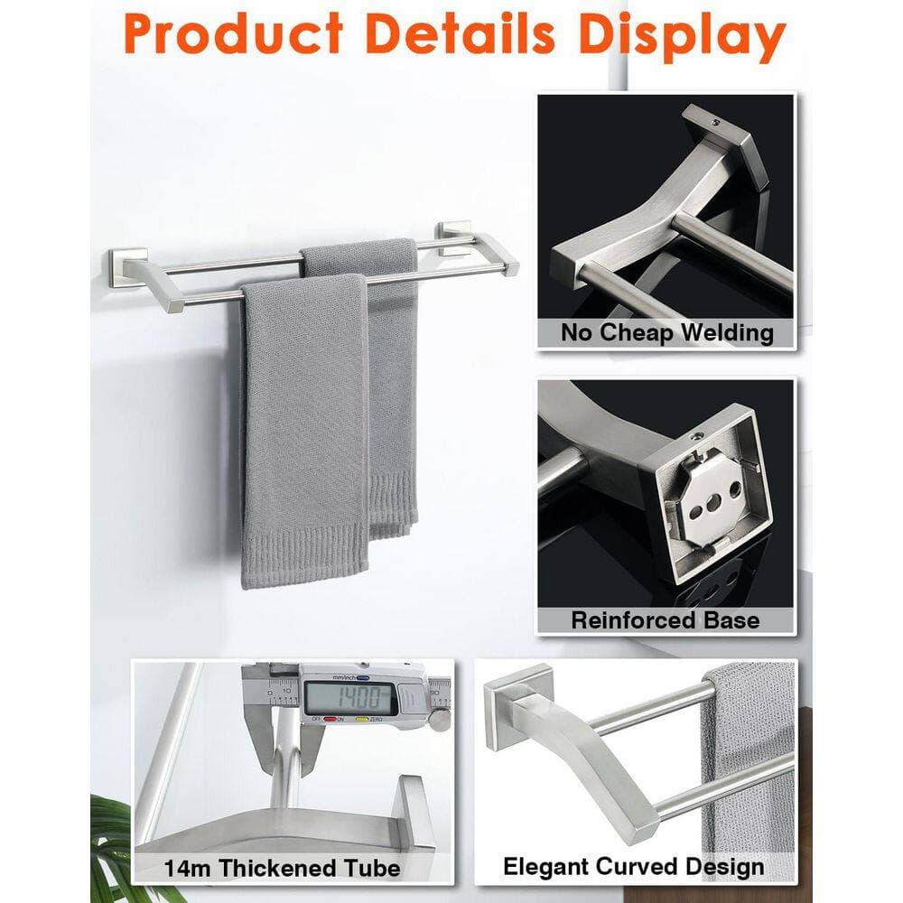 Unbranded Double Towel Bar 24 in. Brushed Nickel Stainless Steel Heavy-Duty Wall-Mounted Bath Towel Hanger Rail (2)