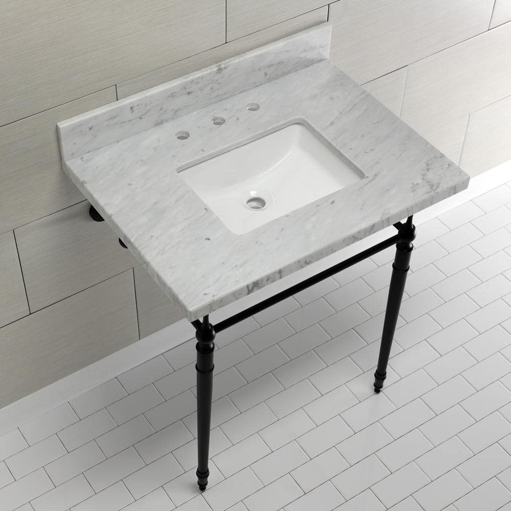 Kingston Brass Edwardian 30 in. Console Sink with Brass Legs (8 in., 3 Hole) in Marble White/Matte Black (2)