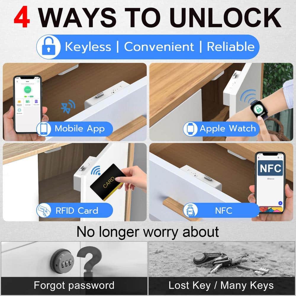 Numhew White Smart Cabinet Lock, Keyless Electronic Digital RFID Bluetooth Hidden No Drill Magnetic Child Safety Drawer Lock (3)