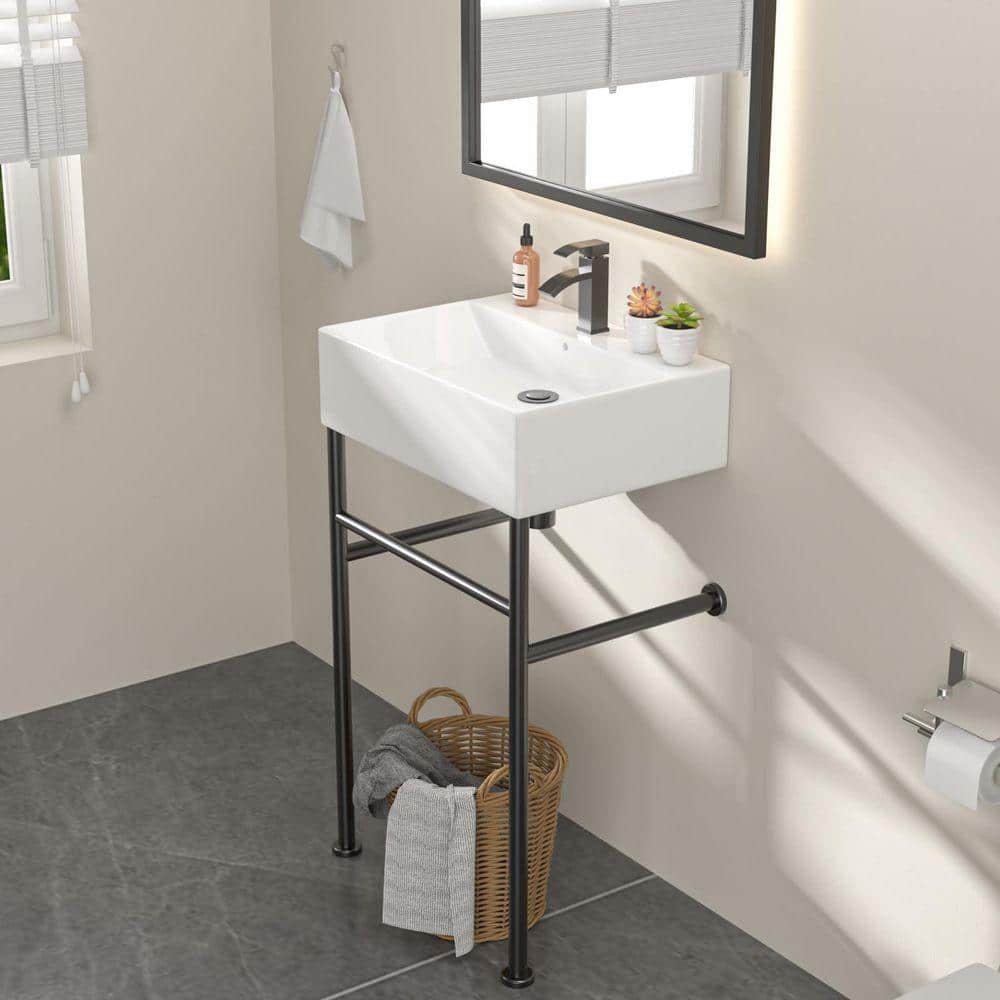 Dcolora 24 In. Freestanding Console Bathroom Sink, Glossy White Ceramic Basin with Black Wall-Mount Support Legs (1)
