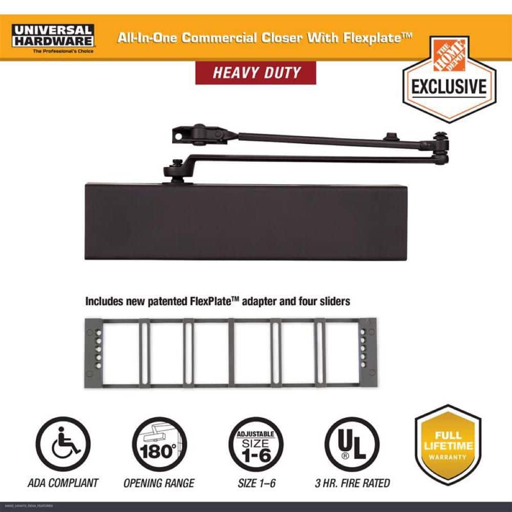 Universal Hardware Heavy-Duty All-in-One Bronze Commercial Door Closer with Flex Plate