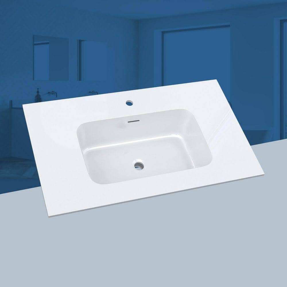 NTQ 36 in. W x 22 in. D Rectangular Single Sink Bathroom Vanity Top White Solid Surface Resin Vanity Top in Glossy White (2)