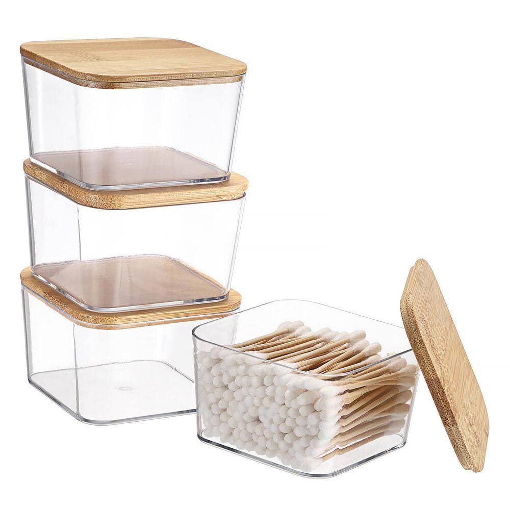KHKFY Set of 4 Clear Square Plastic Apothecary Jars with Natural Bamboo Lids 3.34 x 3.34 x 1.96 in. Vanity Use (3)