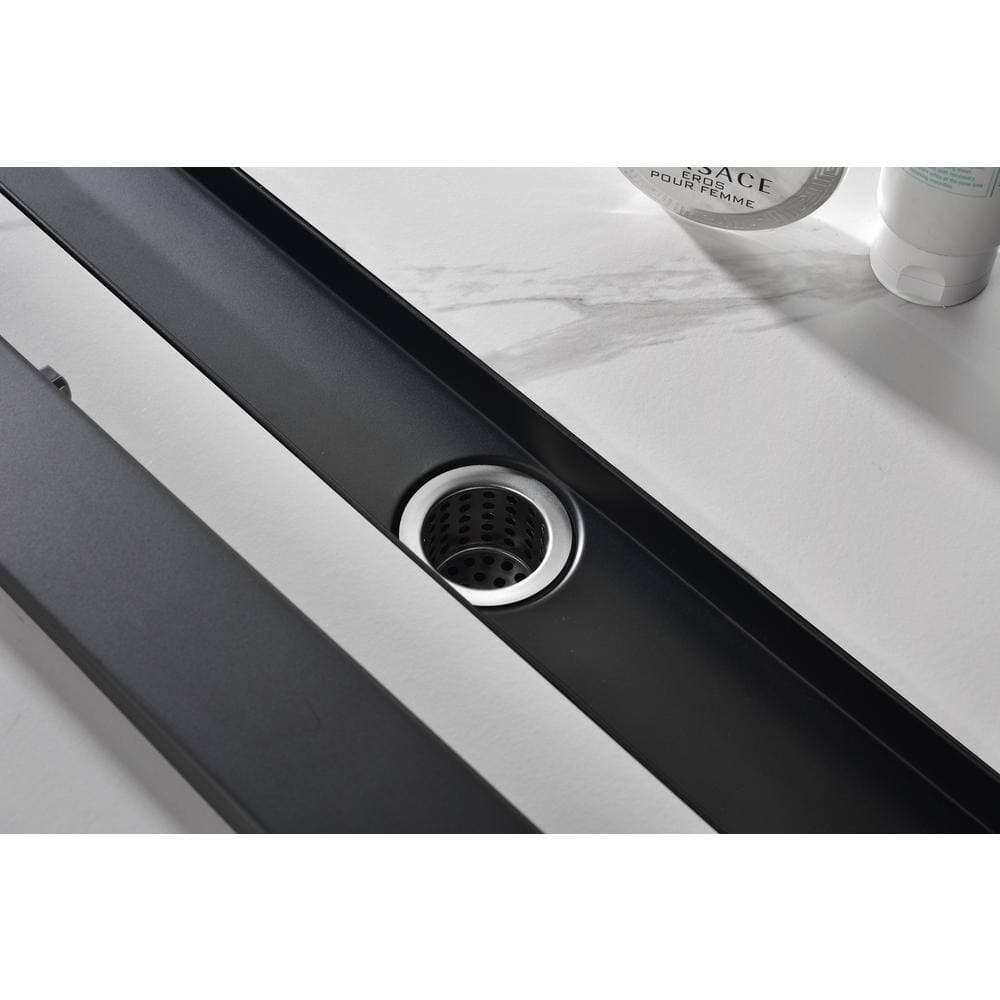 Tahanbath Linear Shower Drain with Removable Quadrato Pattern Grate, Included Hair Strainer and Leveling Feet in Matte Black (2)