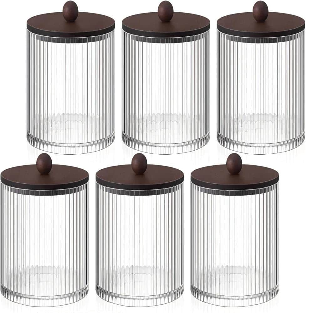 Whatseaso 18 oz Ribbed Plastic Bathroom Canisters Apothecary Jars with Brown Bamboo Lids and Label Stickers Set of 6 (1)