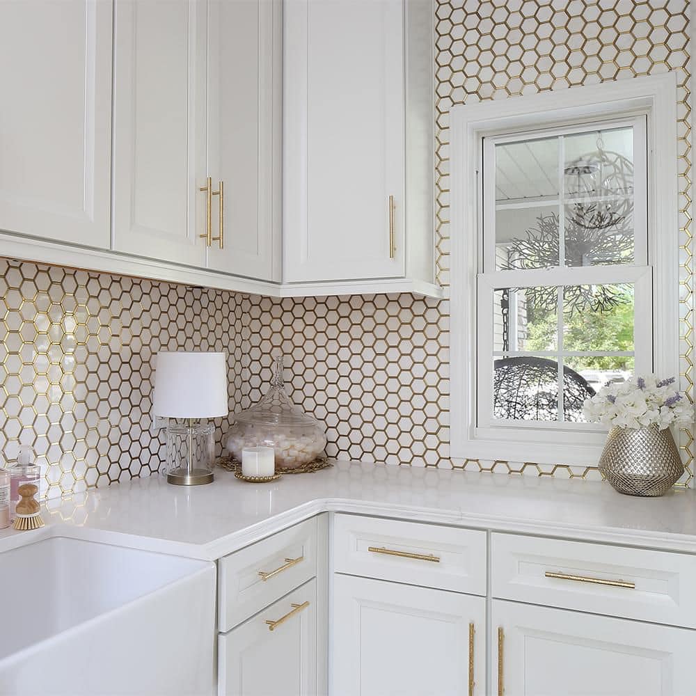 Jeffrey Court Karats White 10.625 in. x 11.125 in. Hexagon Polished Marble/Gold Metal Floor and Wall Mosaic Tile (0.820 sq. ft./Each) (3)