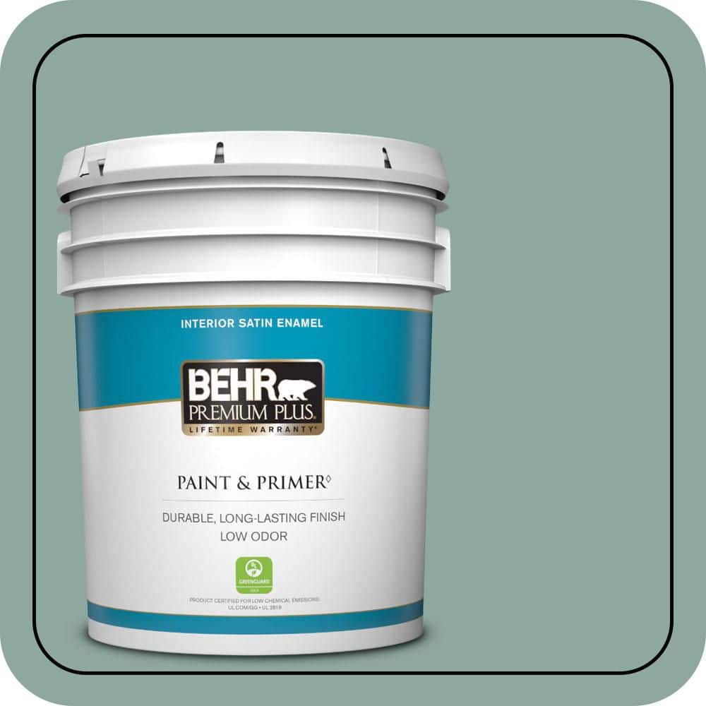 BEHR PREMIUM PLUS 5 gal. #S430-4 Green Meets Blue Satin Enamel Low Odor Interior Paint & Primer
