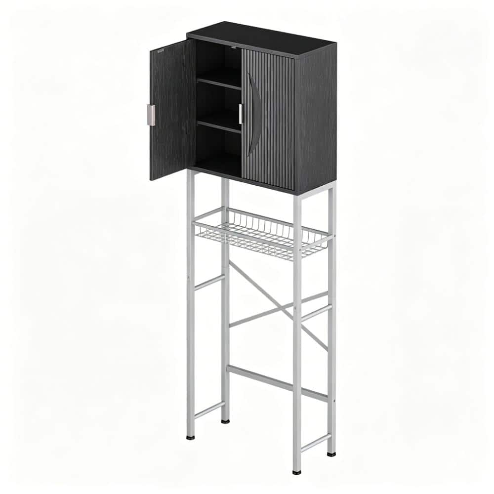 Whatseaso 23.6 in. W x 68 in H x 9.4 in. D Wood in Black Over The Toilet Storage Cabinet with Fluted Wave Doors (1)