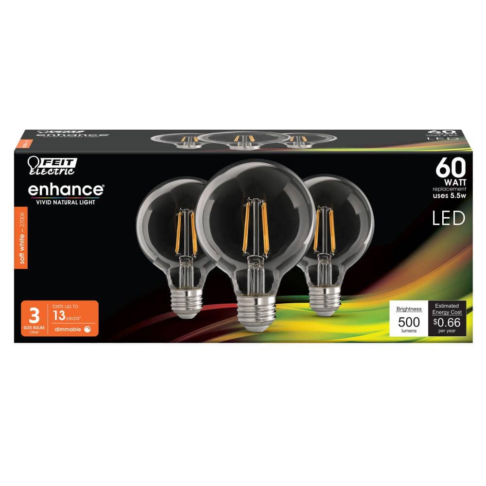 Feit Electric 60-Watt Equivalent G25 Globe Dimmable Filament Clear CEC Title 20 E26 LED Vintage Edison LIght Bulb, Soft White (3-Pack) (4)