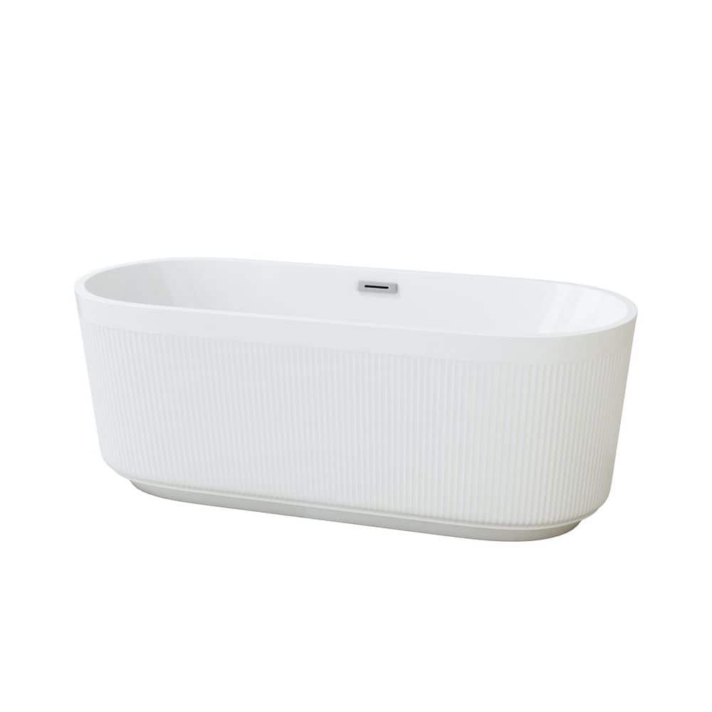 VanityFus 59 in. x 30 in. Oval Acylic Flatbottom Freestanding Soaking Bathtub with Center Drain in Gloss White (1)