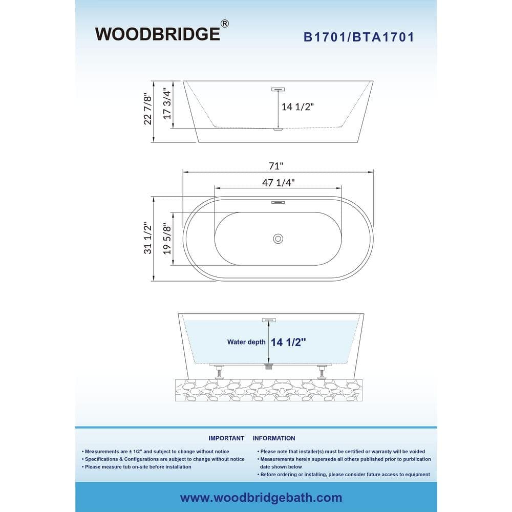 WOODBRIDGE Kearny Acrylic FlatBottom Double Ended Bathtub with Matte Black Overflow and Drain Included White (3)