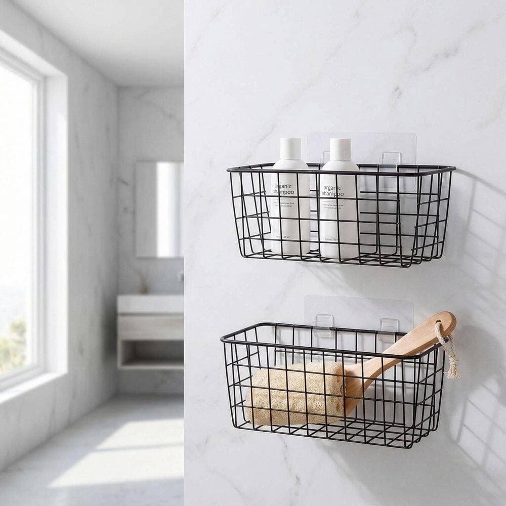 Wudkey 2-Pack No-Drilling Adhesive Hanging Wall Cabinet Basket 11 x 4.72 x 4.72 in. in Black (2)