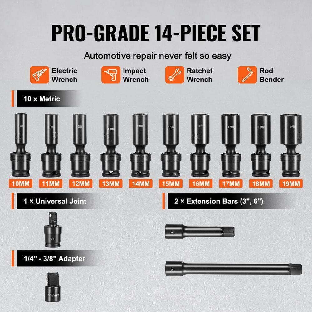 SKYSHALO 360° Swivel Impact Socket Set, 3/8 in. Socket Set 14-Pieces Deep Universal Metric 10-19mm, 6 Point Cr-Mo Alloy Steel (3)