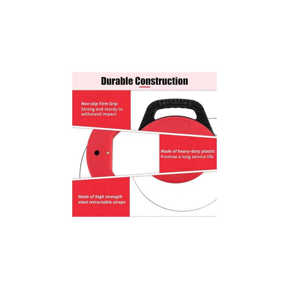 Yichuhaoxi 100 ft. Steel Fish Tape with Retractable Wire Reel for Heavy Duty Pulls and Conduit Measuring in Red Housing (3)