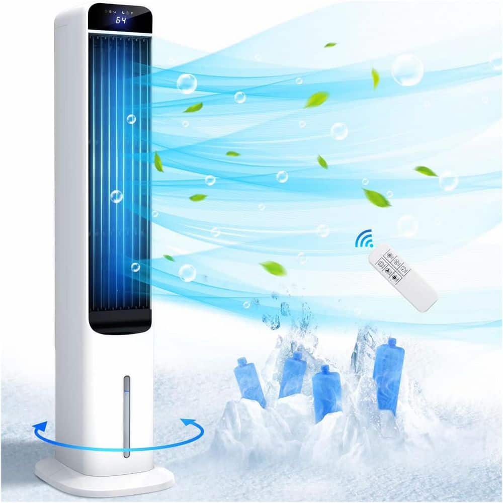 Atemomen 41 in. 3-Speeds White Tower Fan-Evaporative Air Cooler, Portable Oscillating Fan w/4-Ice Packs, Remote,3-Modes and Timer (1)