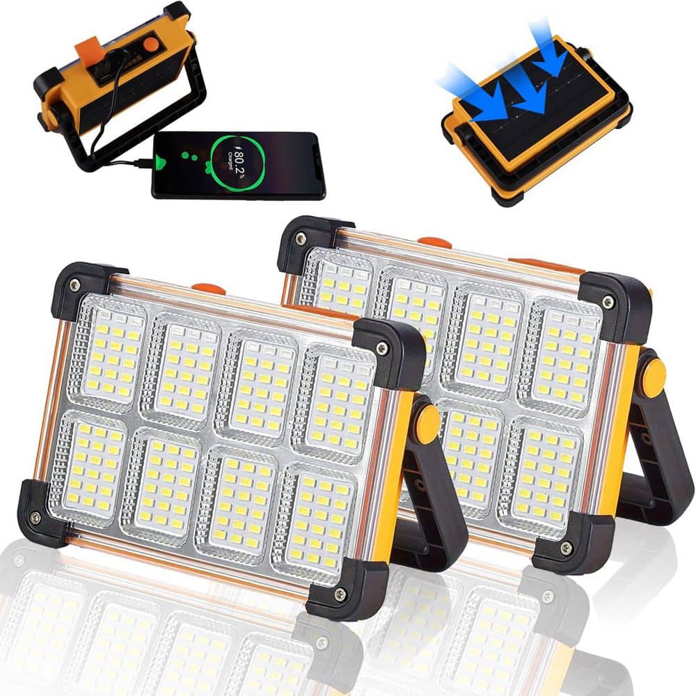 BeamBox 120V Solar Rechargeable Work Light, 144 LED 10000LM Portable Flood Light with Stand, IP66 Waterproof, 2 Pack (1)
