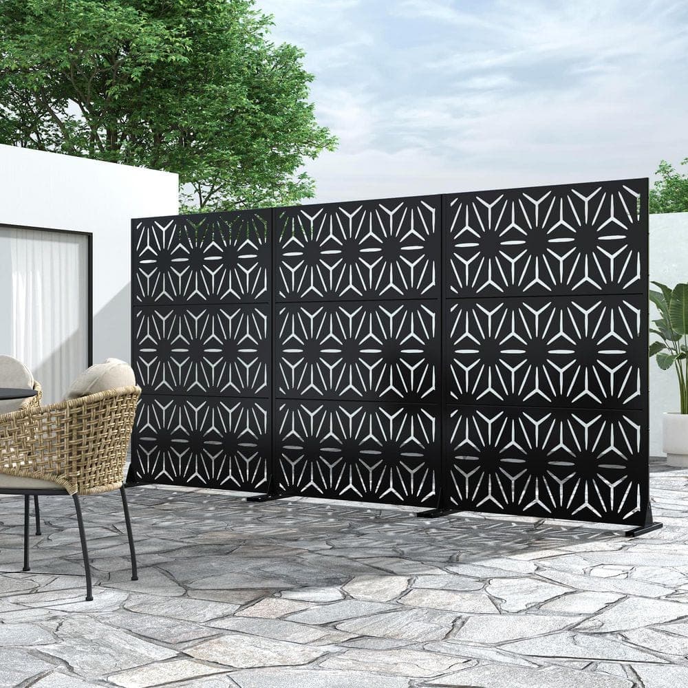 Lumioca 1-Piece 46.8 in. W x 71.37 in. H Black Star Shaped Metal Outdoor Privacy Screen Garden Screen Decorative Art Panel