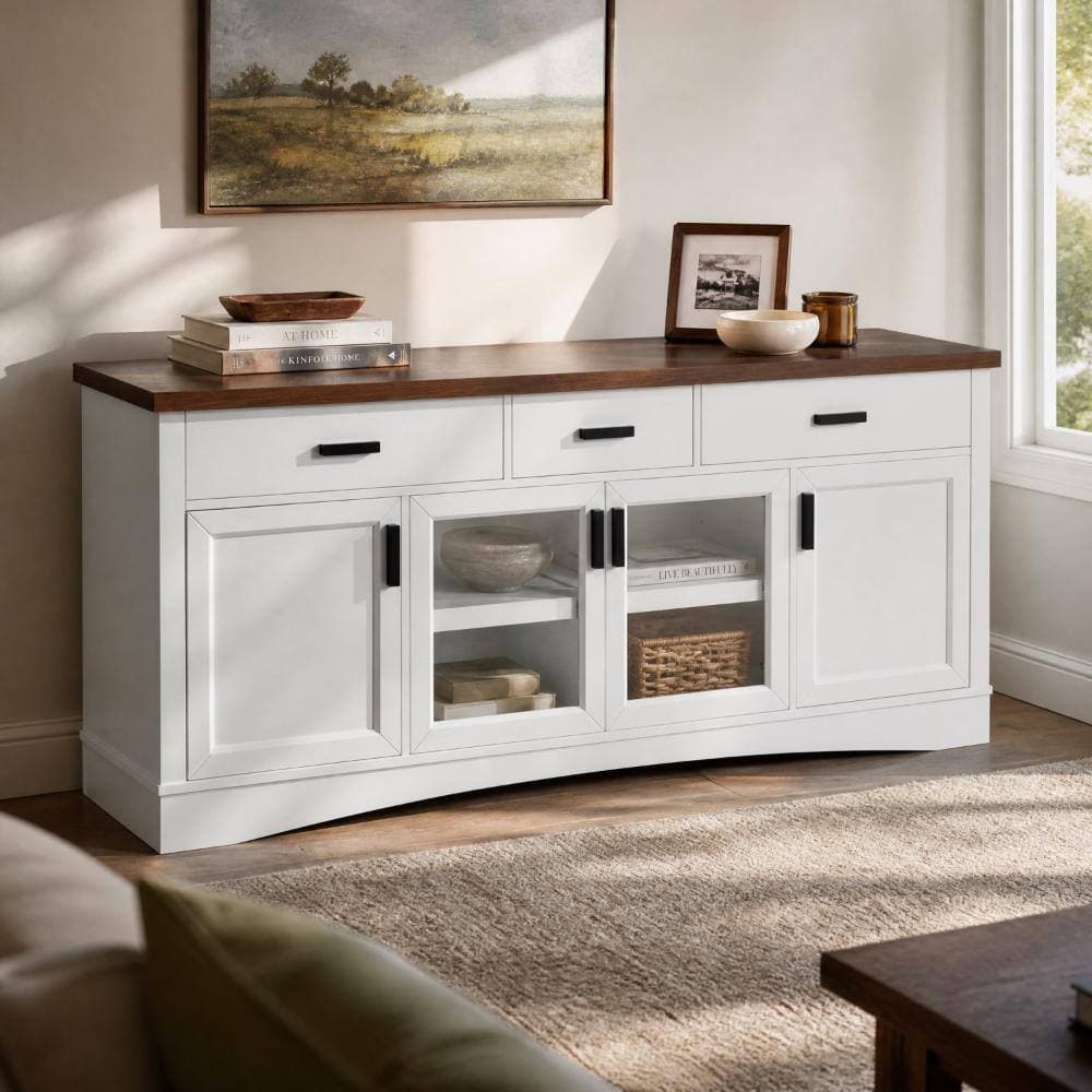 COWLOWN 67 in. W x 15.5 in. D x 29.25 in. H White Linen Cabinet with TV Stand, Glass Doors & Storage Drawers, Adjustable Shelves (2)