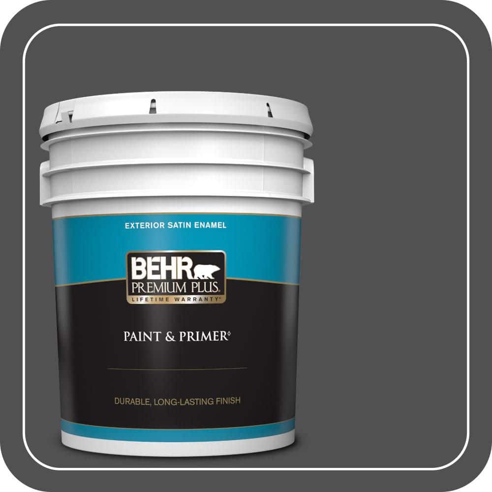 BEHR PREMIUM PLUS 5 gal. #N460-7 Space Black Satin Enamel Exterior Paint & Primer
