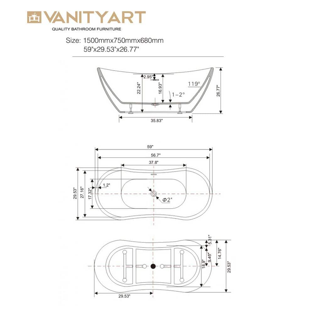 Vanity Art Mulhouse 29.5 in. Acrylic Flatbottom Freestanding Soaking Bathtub with Center Drain (3)