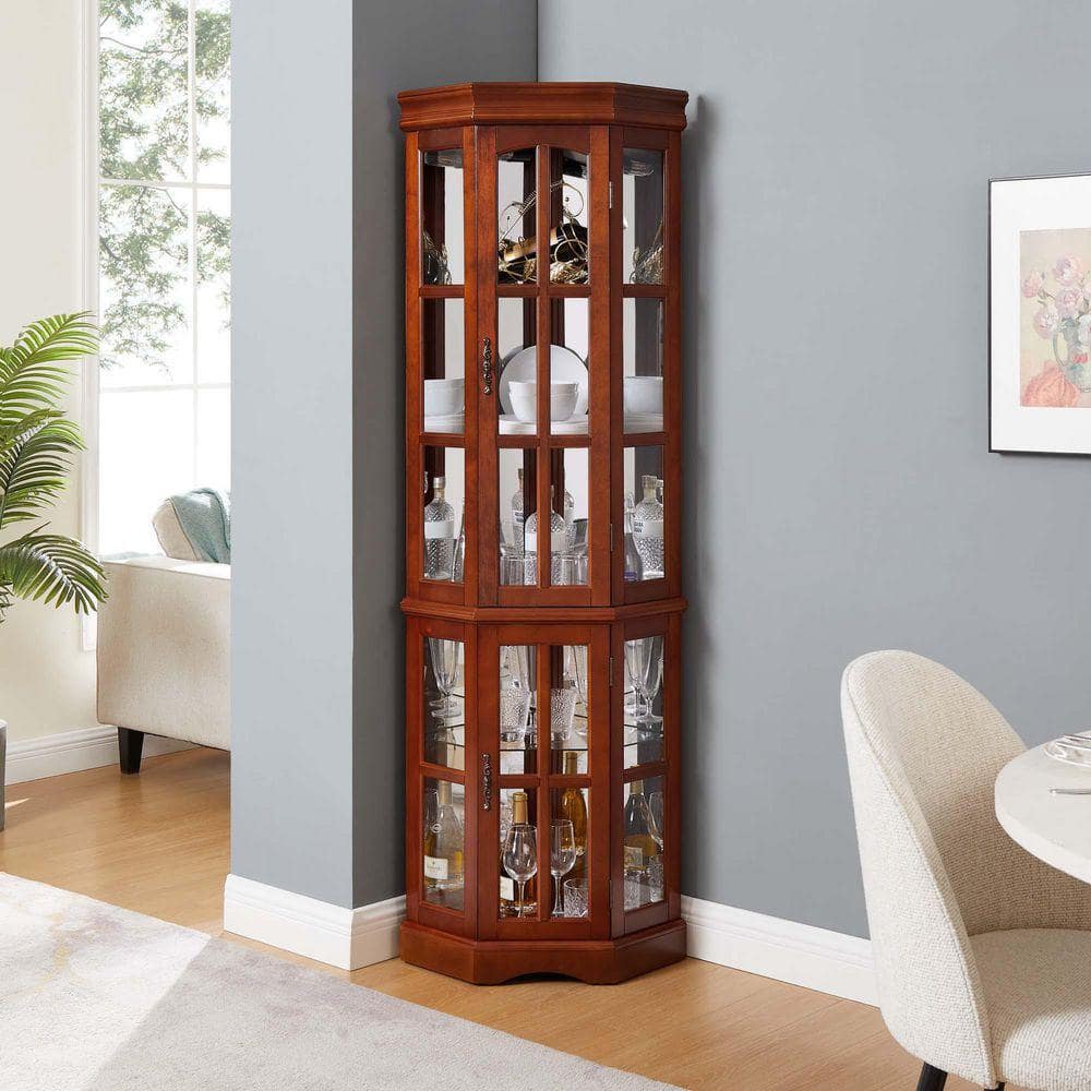 XUJMK 18 in. W x 23 in. D x 71 in. H Brown Linen Cabinet Curio Cabinet Lighted with Shelves, Walnut Color Corner Curio Cabinet (1)